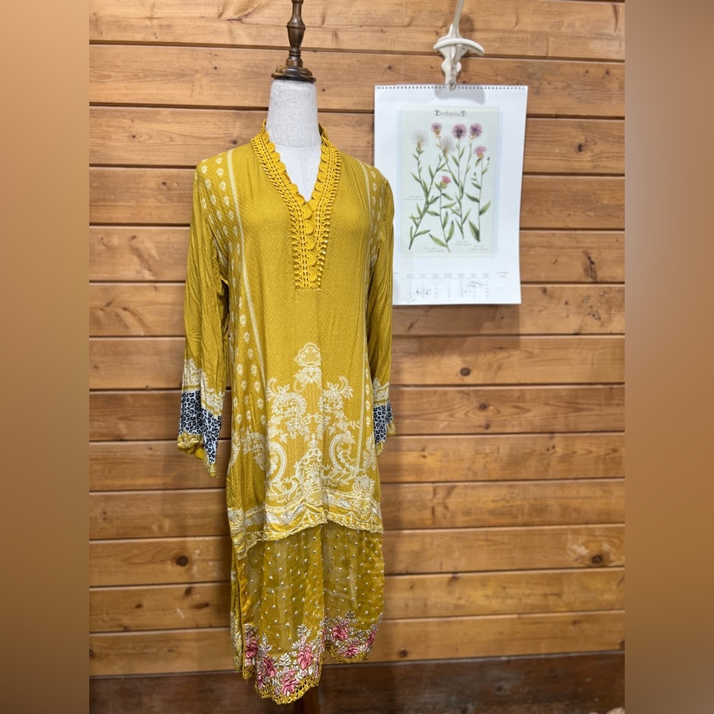 Handmade Mustard Yellow Embroidered Tunic Dress Boho Ethnic Wear